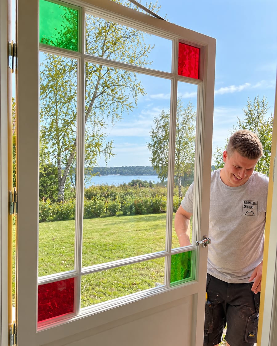 Snickare från Björkkulla Snickeri öppnar ett fönster med färgat glas