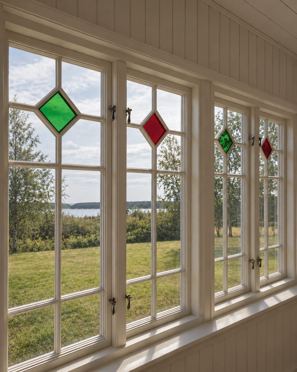Spröjsade fönster med inslag av färgat glas och utsikt mot sjön